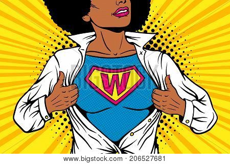 Pop art female superhero. Young sexy afro american woman dressed in white jacket shows superhero t-shirt with W sign means Woman on the chest. Vector illustration in retro pop art comic style.