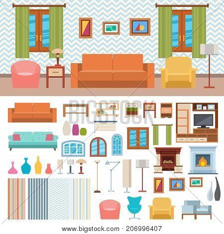 Furniture room interior design decor elements and room design furniture interior style concept vector. Furniture interior and home decor concept icon set flat vector illustration.