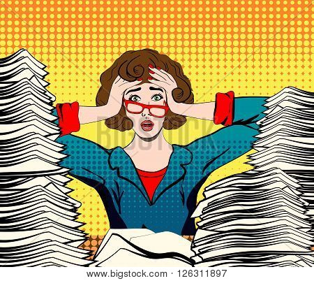 stressed woman. stressed worker. businesswoman in panic. a young girl sits at his Desk and holds her hands on her head. pop art vector illustration. Paper Work. Stressed person concept