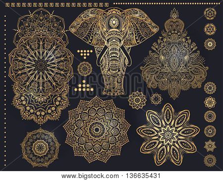 Mandala set and other elements. Vector. Mandala tattoo. Ornament invitation card with mandala. Vintage decorative elements. Tribal, Boho, Bohemian style. Elements for flash tattoo