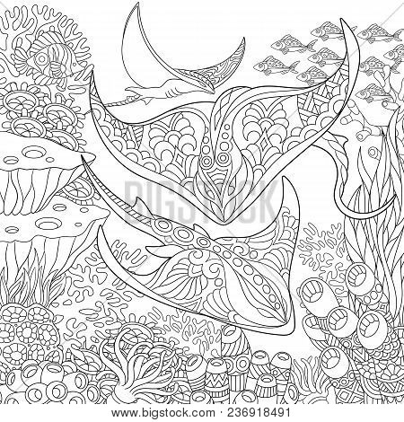 Coloring Page. Adult Coloring Book Idea. Underwater Background With Stingray Shoal, Tropical Fishes 