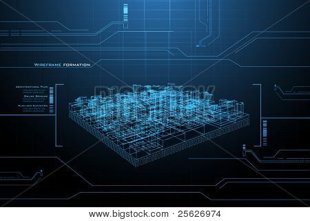 illustration of wire frame presentation of building on technology background