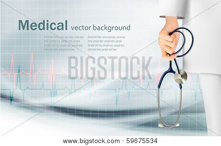 Medical background with hand holding a stethoscope. Vector.