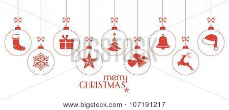 Set of hanging Christmas balls with ornaments such as Christmas tree, Santa hat, reindeer, angel, stocking, present, Christmas star and bell with a ribbon forming a versatile border isolated on white.