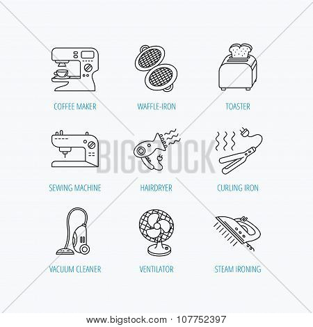 Coffee maker, sewing machine and toaster icons.