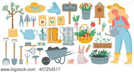 Gardening Tools. Spring Garden Equipment - Hoe, Fork, Shovel And Rake, Wheelbarrow And Seeds. Woman 