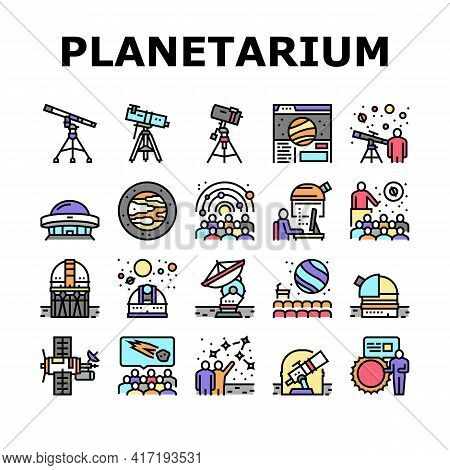 Planetarium Equipment Collection Icons Set Vector. Planetarium Speaker About Stars And Planets, Obse