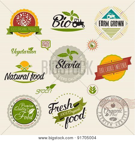 Organic food and stevia label logo Set