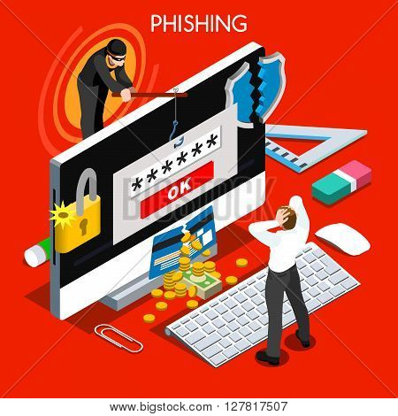 Hacker phishing infographic 3D flat isometric people design concept. Spam phishing attack risk threats for computer systems vector illustration