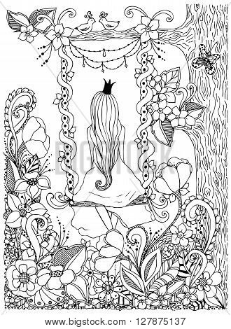 Vector illustration girl Princess zentangl riding on swing. Wood zenart dudlart. Black and white. Anti-stress. Adult coloring book.