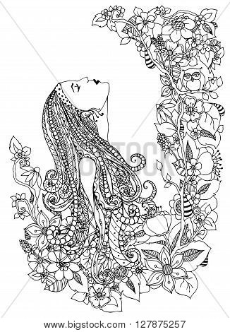 Vector illustration zentangl woman in flowers. He looks up profile portrait doodle frame owl dudling flowers zenart. Coloring anti stress for adults. Adult coloring book