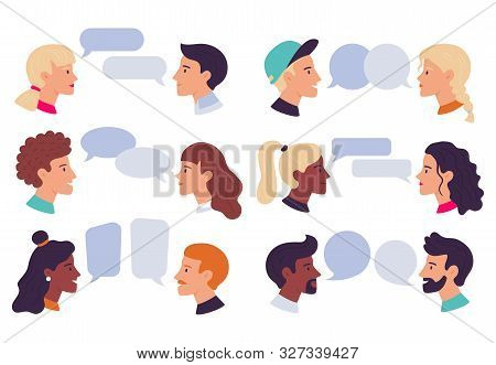 Speaking People. Couple Conversation, Dialogue Bubbles And Chat Avatars Profile Portraits Talk Toget