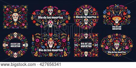 Dia De Los Muertos Banners. Day Of The Dead Mexican Sugar Human Head Bones And Flowers Vector Backgr