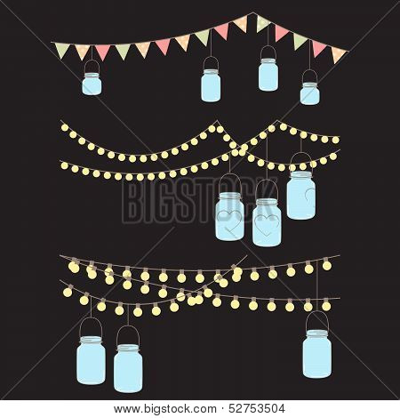 Vector Set of Hanging Glass Jar Lights and Bunting