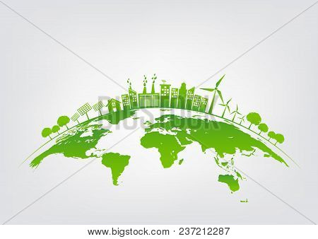 Ecology Concept With Green City On Earth, World Environment And Sustainable Development Concept, Vec