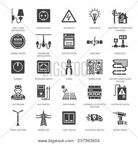 Electricity Engineering Vector Flat Glyph Icons. Electrical Equipment, Power Socket, Torn Wire, Ener