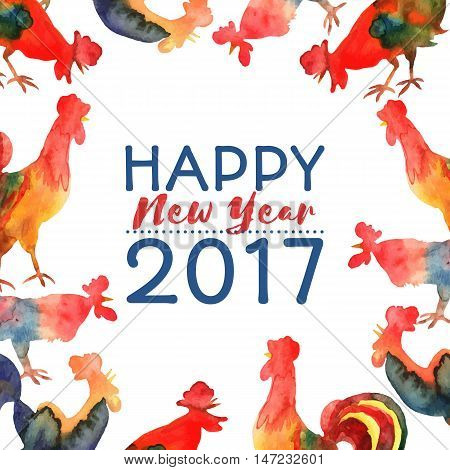 Vector frame with fire cocks and text Happy New Year 2017. Chinese calendar Zodiac for 2017 New Year of rooster. Editable isolated elements.