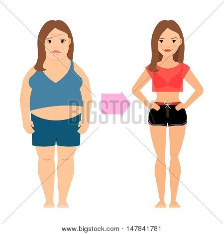 Women weight loss success. Fat and slim woman before and after diet vector illustration