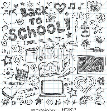 Back to School Supplies Sketchy Notebook Doodles with Lettering, Shooting Stars, and Swirls- Hand-Drawn Vector Illustration Design Elements on Lined Sketchbook Paper Background