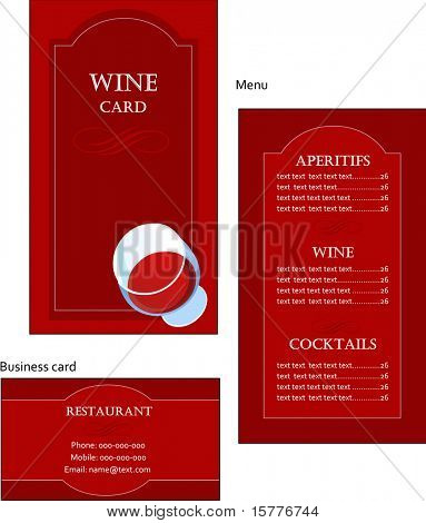 Template designs of wine menu and business card for coffee shop and restaurant, vector file include