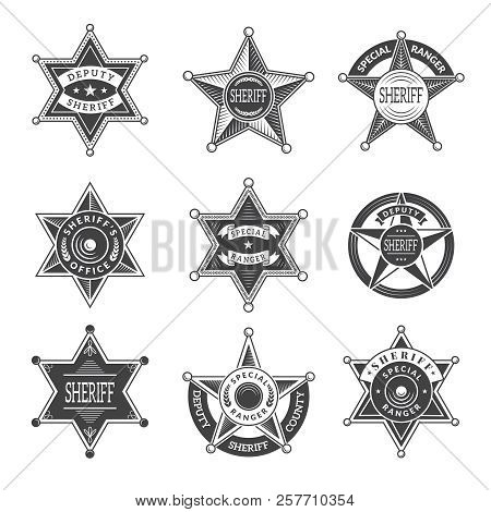 Sheriff Stars Badges. Western Star Texas And Rangers Shields Or Logos Vintage Vector Pictures. Illus