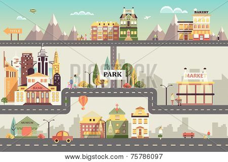 Set of buildings in the small business flat design