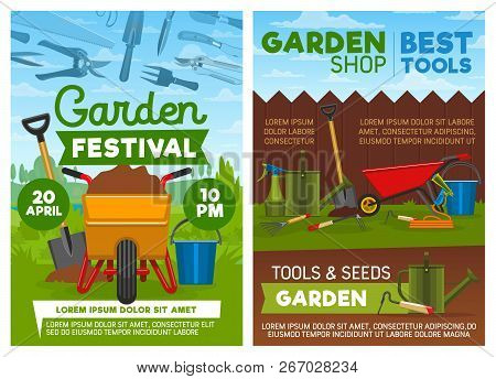 Gardening Tools And Equipment, Agriculture Or Horticulture. Vector Wheelbarrow With Soil And Spade, 