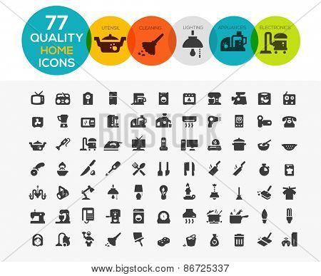 Home Icons including: home appliances, cleaning, kitchen utensil, lighting and electronics
