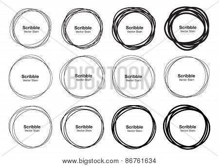 Set of 12 Hand Drawn Scribble Circles, vector logo design elements