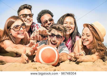 Group Of Multiracial Happy Friends Having Fun At Beach Games - International Concept Of Summer Joy