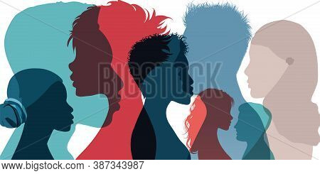 Racial Equality And Anti-racism. Silhouette Profile Group Of Men Women And Girl Of Diverse Culture. 