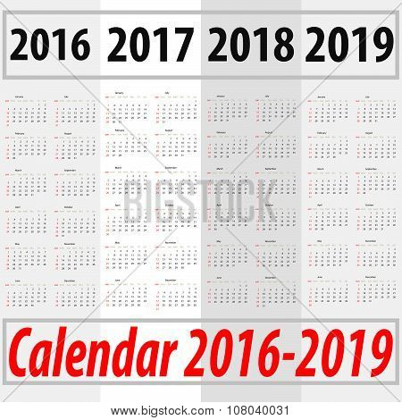 Calendar 2016 2017 2018 2019 Starting From Sunday