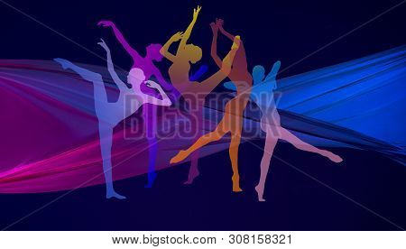 Silhouettes Of Young Graceful Ballet Dancers Or Classic Ballerinas On Dark Neon Background. Womans B