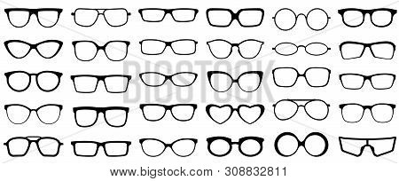 Glasses Silhouette. Retro Glasses, Eye Health Eyewear And Rim Sunglasses Silhouettes. Hipster Or Gee