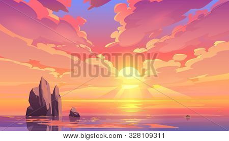 Sunset Or Sunrise In Ocean, Nature Landscape Background, Pink Clouds Flying In Sky To Shining Sun Ab