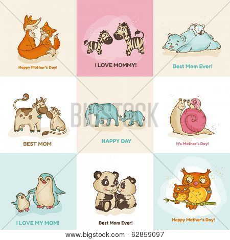 Happy Mother's Day Cards - with cute animals - in vector