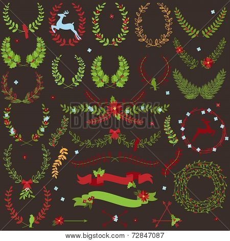 Vector Collection of Christmas Holiday Themed Laurels and Wreaths