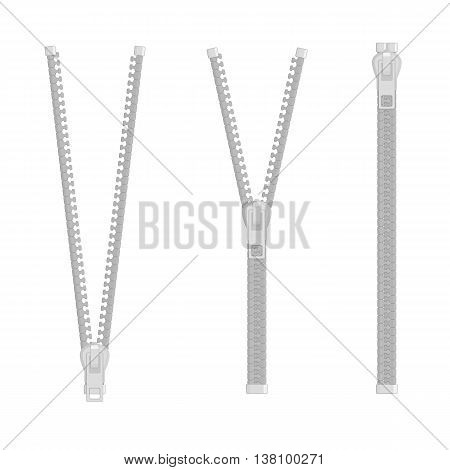 Vector illustration plastic and metallic close and half open grey zipper set in realistic style on white background isolated vector illustration. Set of modern zipper.