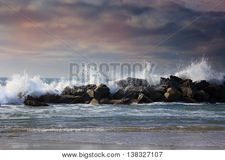 Stormy ocean waves beautiful seascape big powerful tide in action storm weather in a deep blue sea forces of nature natural disaster.ocean wave in the Pacific ocean