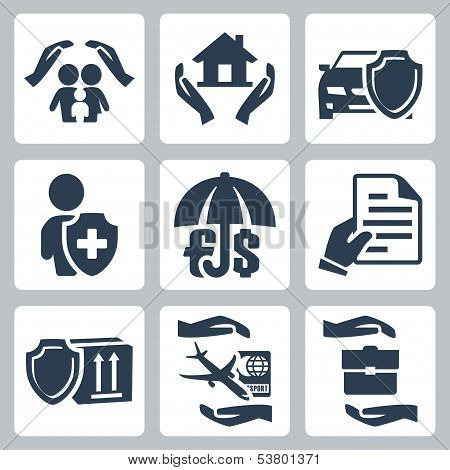 Vector Insurance Icons Set: Family Insurance, Home Insurance,auto Insurance, Life Insurance, Deposit