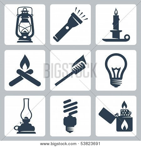 Vector Light And Lighting Appliances Icons Set: Lantern, Flashlight, Candle, Bonfire, Torch, Bulb, H