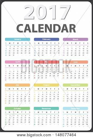 calendar for 2017 starts sunday, calendar 2017, organizer 2017, vector calendar, pocket calendar design, vertical calendar, colored calendar