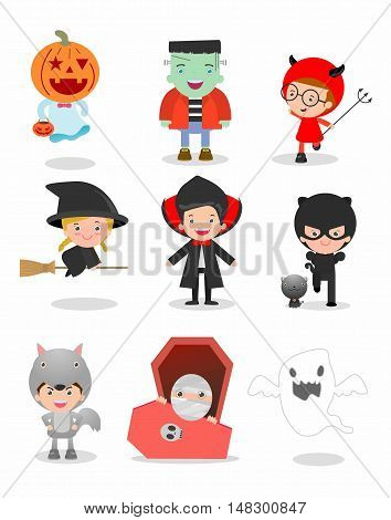 Cute kids wearing Halloween monster costume on white background, Happy Halloween,Halloween Party, child wearing Halloween monster costume, children Halloween, kids Halloween,vector illustration