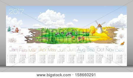 Calendar 2017 - all the year round - four seasons (winter spring summer autumn) and 12 months of the year (with calendar grid on 2017) at a rural panorama with fields cows windmill and apiary