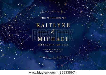 Magic Night Dark Blue Sky With Sparkling Stars Vector Wedding Invitation. Andromeda Galaxy. Gold Gli