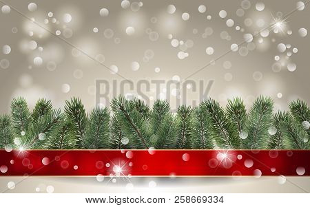 Christmas Background. Banner With Detailed Christmas Tree And Red Ribbon. Realistic Fir Tree Border.