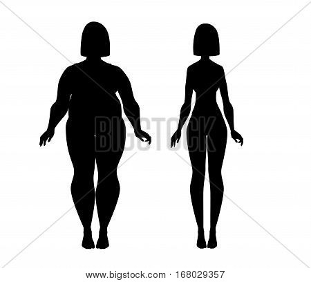 Fat and slim girl. Female body before and after weight loss, diet and fitness. Woman vector silhouette