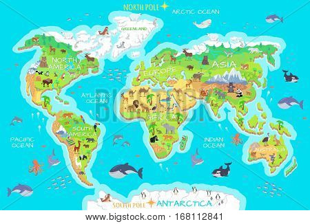 World geographical map with flora and fauna. Animals of land, oceans. North and South America, Europe, Asia, Australia, Africa, Antarctica. Vector illustration. Pacific, Atlantic Indian Arctic Ocean