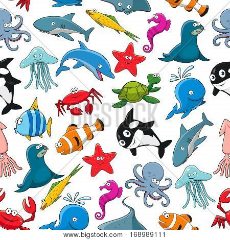 Seamless pattern of vector cartoon sea fish and ocean animals lobster crab, octopus, stingray and penguin, turtle, clown fish or flounder and tropical butterfly fish, starfish and seahorse, squid and jellyfish, seal, dolphin and shark whale