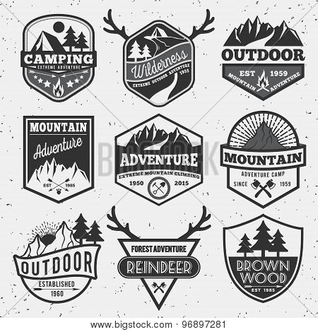 Set of monochrome outdoor camping adventure and mountain badge logo